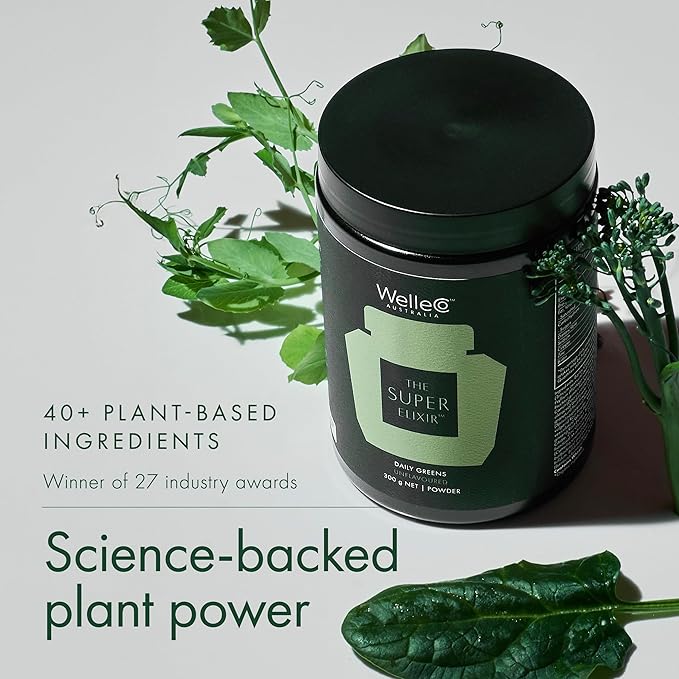 WelleCo The Super Elixir Daily Greens Powder, Probiotic Drink Mix with Whole Foods, Gluten Free, Vegan Gut Health Powder, Energy, Immunity, Healthy Skin, Hair & Nails (300g, Unflavored) Jar