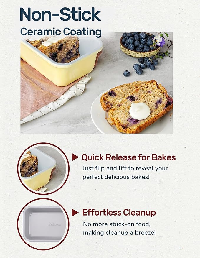 LeGourmet Nonstick Bread Loaf Pan 9 X 5 Inch, Ceramic Coating, Non-Toxic, Rust Resistant Aluminized Steel, Perfect 1 lb Baking Dish for Meatloaf, Pound Cake & Brownie (Butter)