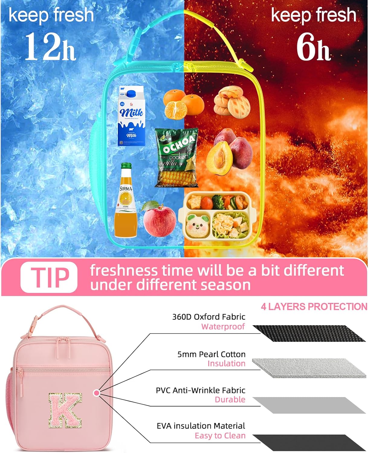 Initial Insulated Lunch Bag for Girls Kids, Back to School Gift, Reusable Leak-proof Lunch Box with Adjustable Strap for School Daycare Travel Picnic (Pink,K)