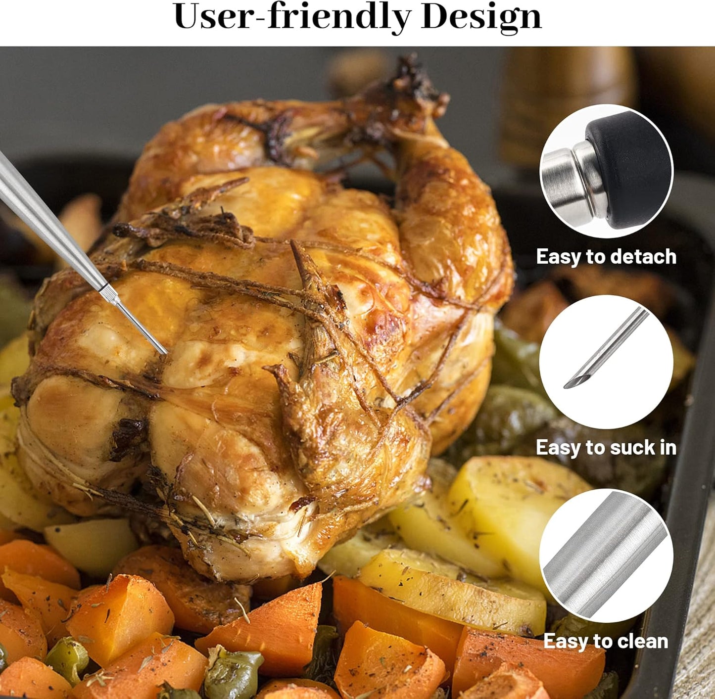 Turkey Baster Syringe for Cooking, Large Stainless Steel Meat Injector, with Cleaning Brush and 2 Marinade Needles, Black