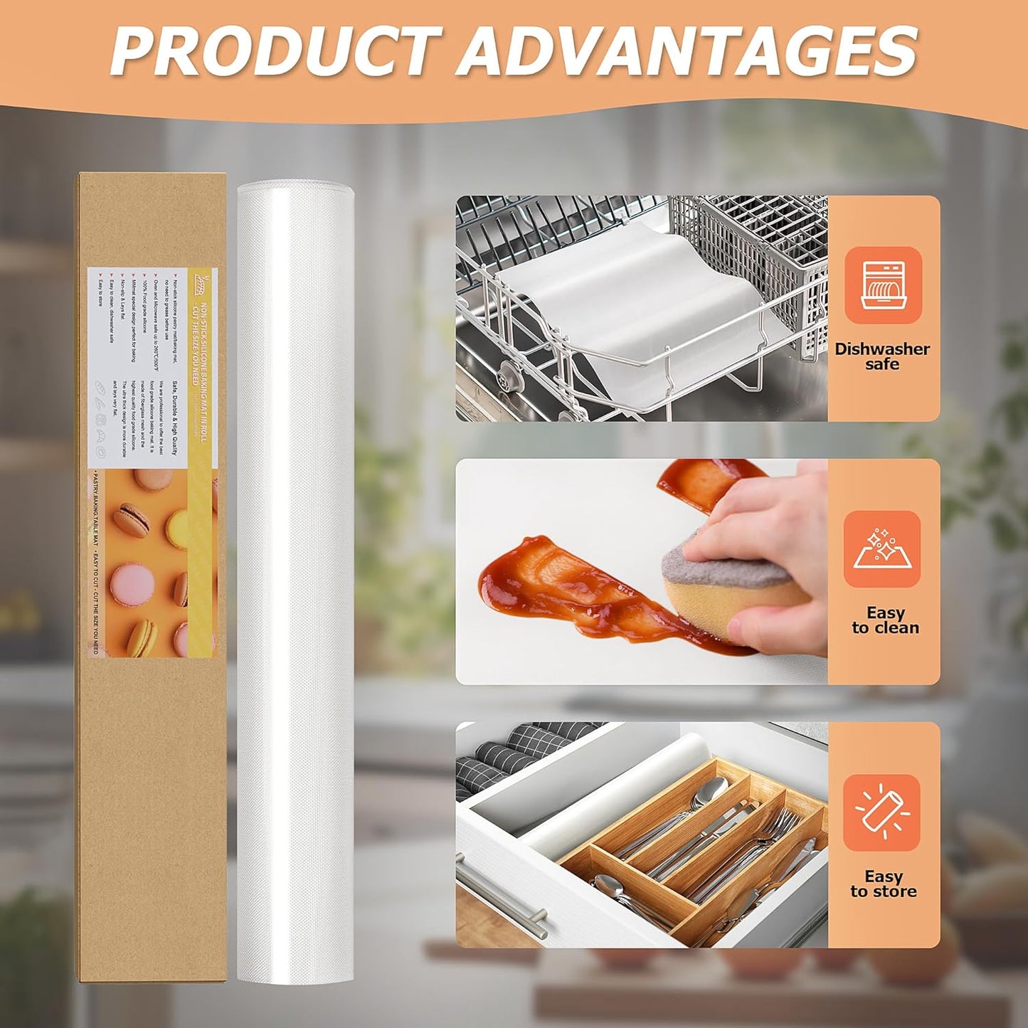 Silicone Baking Mat Roll, Non-Stick Heat Resistant Food Grade Baking Mats, Non-Slip Reusable Air Fryer Linner, Freeze Dryer Mat, Counter Mat, Oven Liner, Refrigerator Liners - 12IN x 10FT