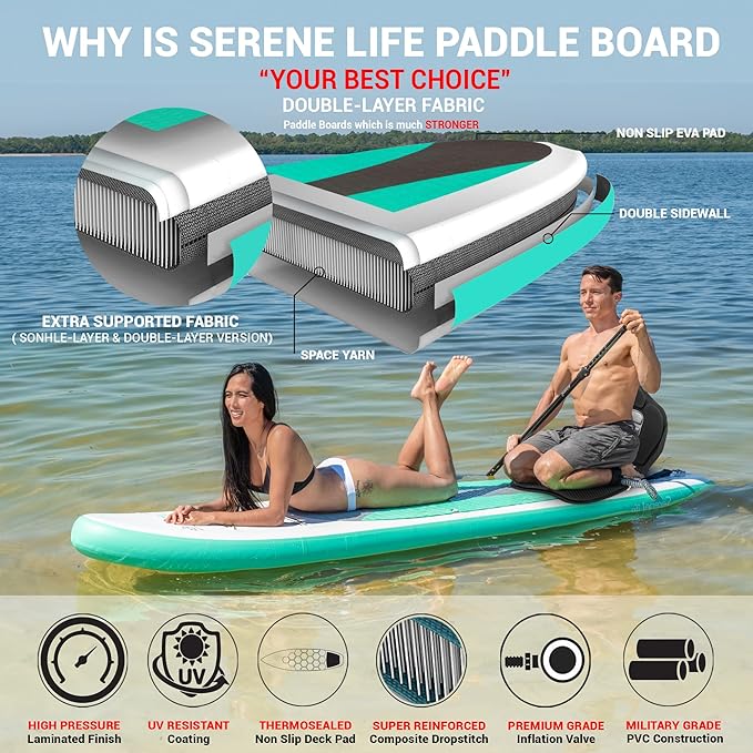 SereneLife Inflatable Stand Up Paddle Board with Premium SUP Accessories – Wide Stable Design with Non-Slip EVA Deck Pad for Adults and Youth of All Skill Levels