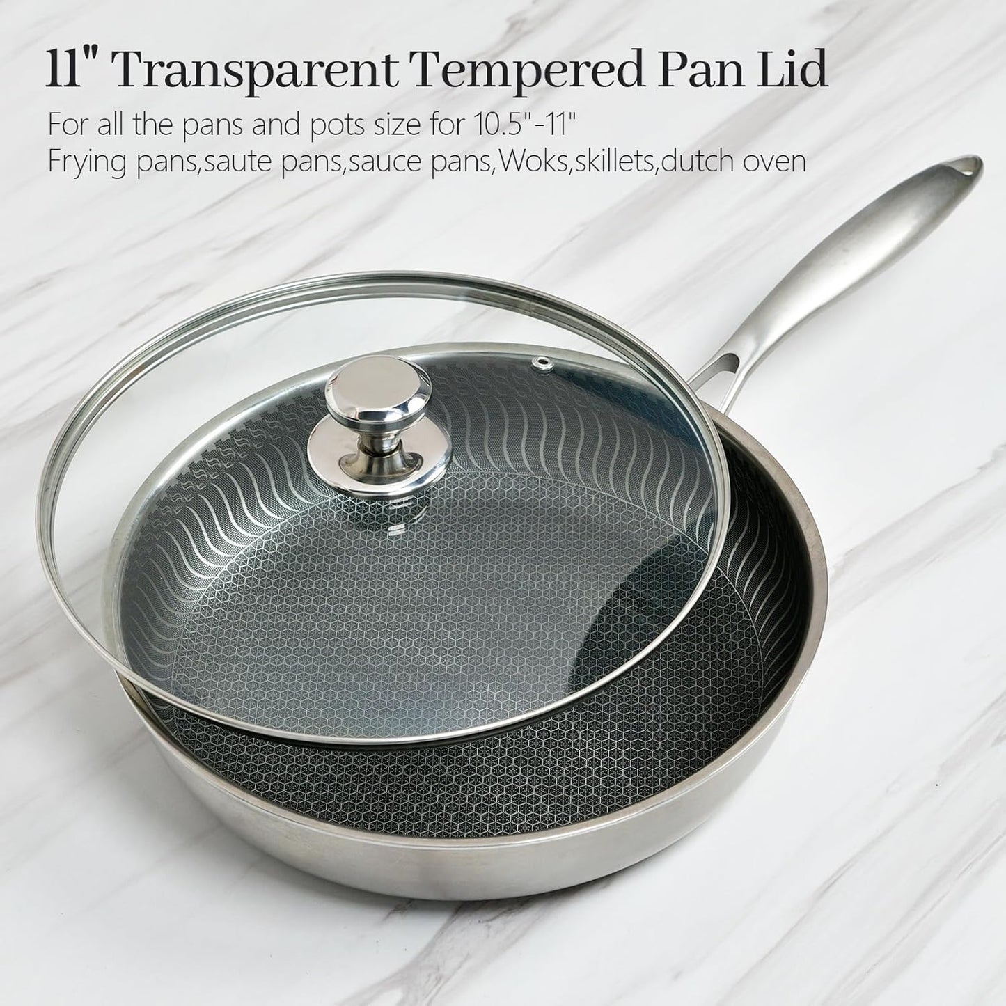 11 In Glass Lid for Frying Pan, Tempered Replacement Cover Compatible with All 11" Cookware for Skillets, Round Cast Iron, Cast Aluminium, Stainless Steel Pans &Pots, 10.8in/ 276mm - 11.2in/292mm