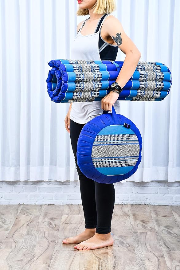Leewadee Meditation Cushion Set – 1 Round Zafu Meditation Pillow and 1 Square Roll-Up Zabuton Meditation Mat, Pillows Bundle Filled with Kapok