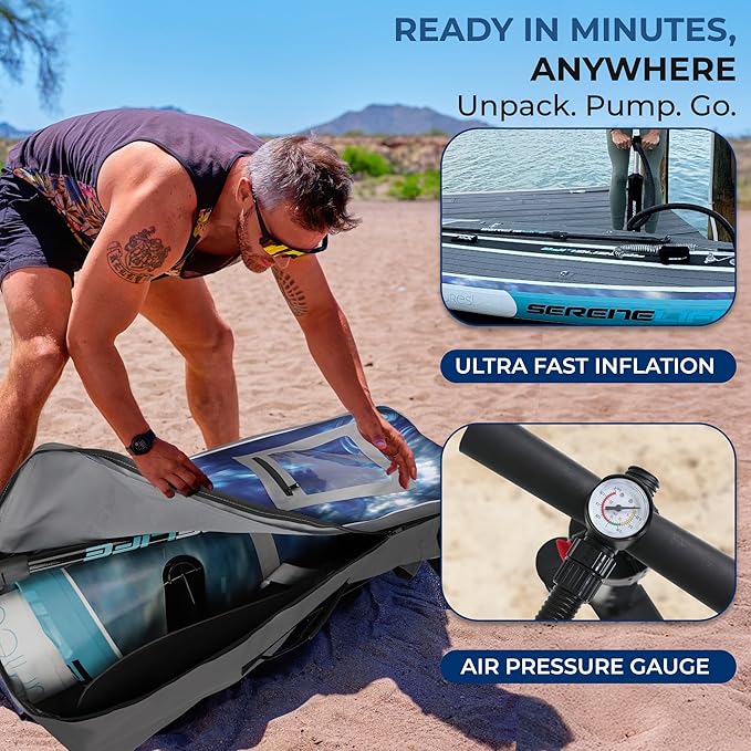 SereneLife Inflatable Stand Up Paddle Board with Premium SUP Accessories – Wide Stable Design with Non-Slip EVA Deck Pad for Adults and Youth of All Skill Levels, 350 lbs Capacity