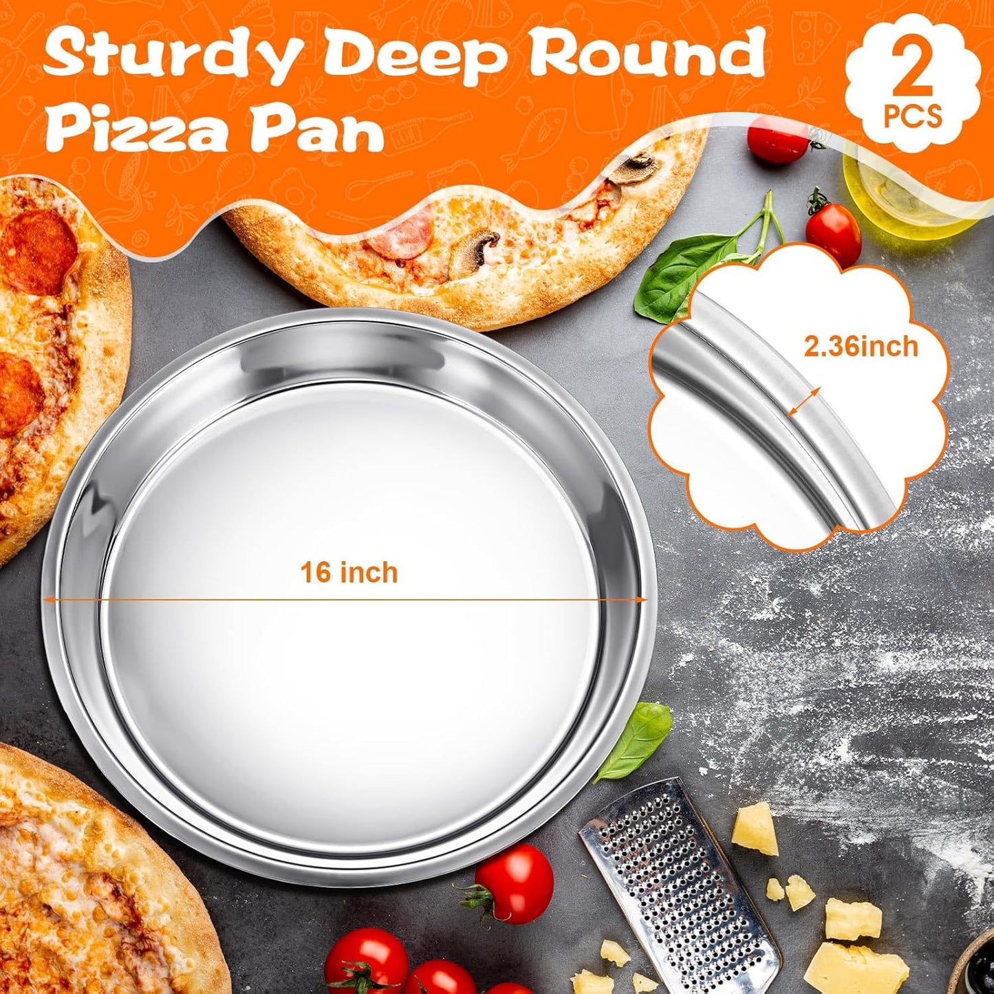 Nuogo 2 Pcs 16 Inch Large Deep Pizza Pans Stainless Steel Pizza Tray Round Oven Tray Rust Proof Reusable Bakeware Cooking Pan Dishwasher Safe for Baking, Serving, and Displaying Cookie Pie