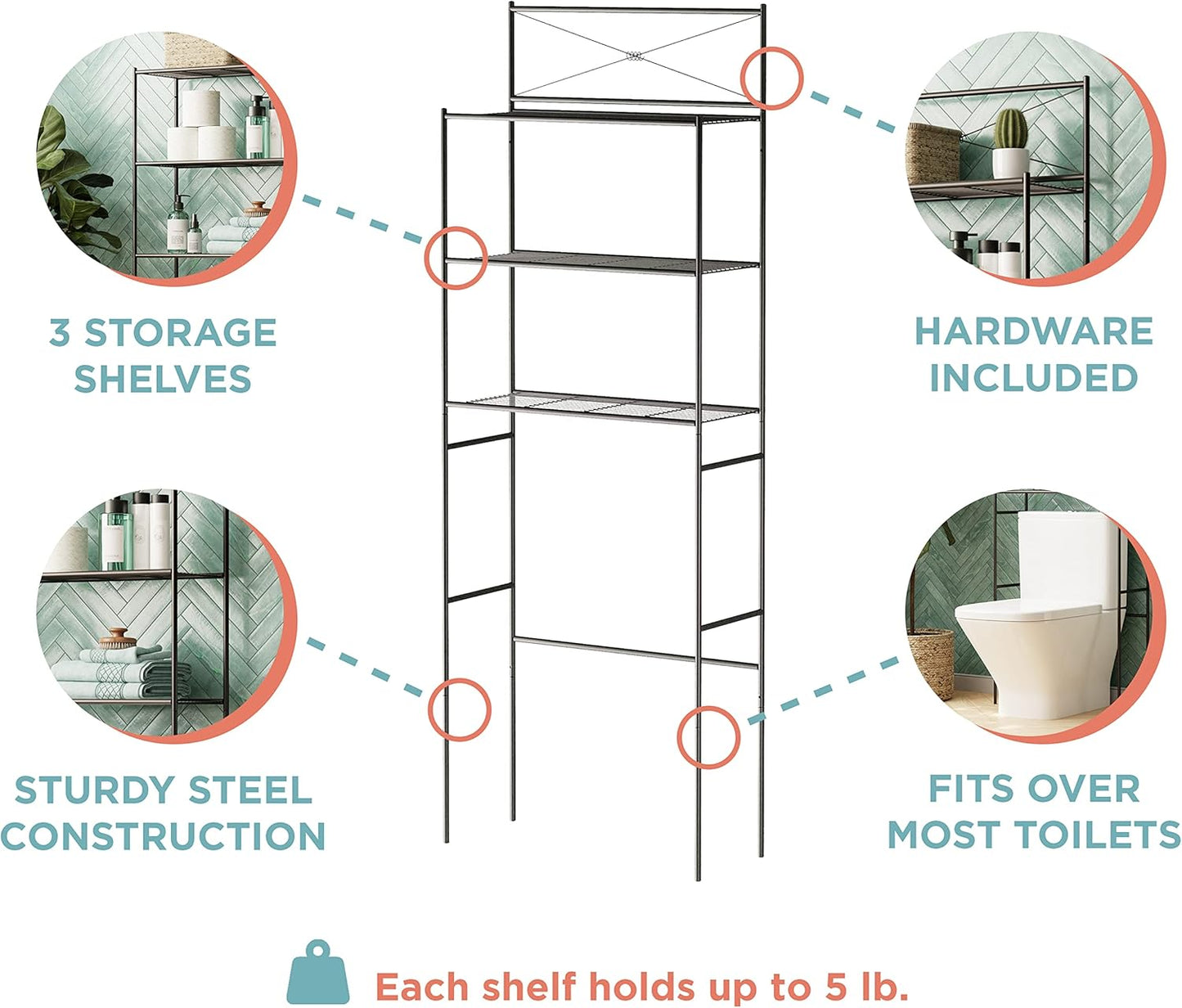 Zenna Home Over the Toilet Storage Shelf Space Saver, Behind Toilet Bathroom Organizer and Storage, Metal Bathroom Organizer with 3 Shelves, Oil Rubbed Bronze