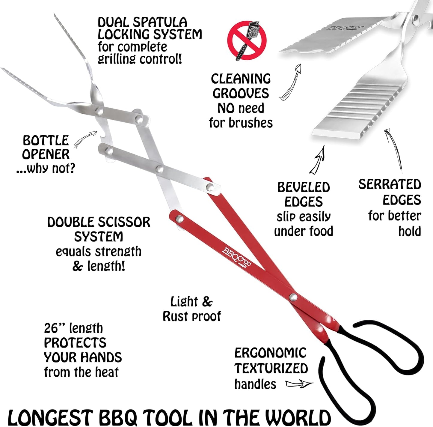 BBQ Croc 3 in 1 Barbecue Tool 26-inch - Extra Light and Super Long Heavy Duty Tongs, Spatula and Grill Scraper (Red) - Longest BBQ Tool Ever!