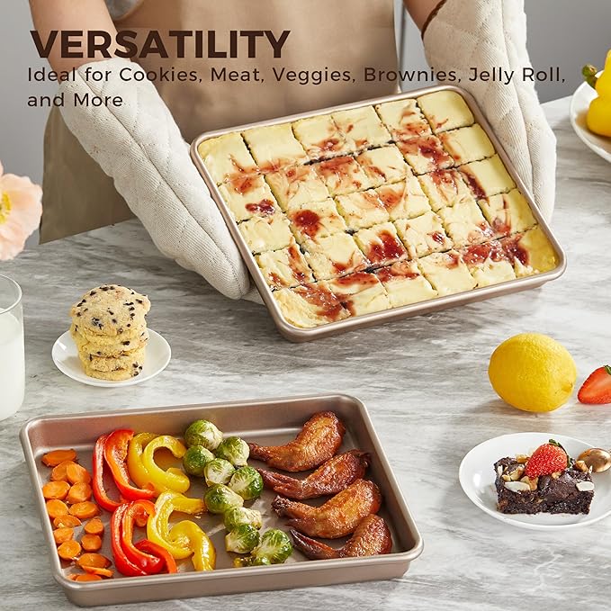 HONGBAKE 2 Pack 11 x 9 Inch Toaster Oven Pans and Trays, Small Baking Sheet Set for Cooking, Non-Stick Cookie Sheets, Heavy-Duty 0.8mm Thick, Easy to Clean, 1.26 Inch Deep, Gold