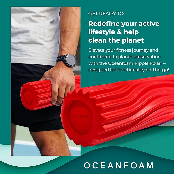 Oceanfoam Ripple Travel Foam Roller (11" x 3.35") Firm Mini Foam Roller for Physical Therapy, Deep Tissue Massage, Back Pain - High Density, Ergonomic Wave Textured - Yoga, Pilates, Exercise (Red)