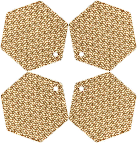 4 Packed Silicone Trivet Mats - DIY Different Size Dish Drying Mat, Hot Pot Holder for Pots & Pans, Non-Slip & Heat Resistant Kitchen Hot Pads for Countertops & Table, Beige