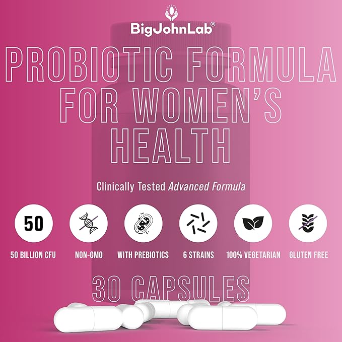 BIGJOHNLAB® - Women's Probiotic Supplement – 50 Billion CFU, 6 Active Strains + Prebiotics – Supports Digestion, Immunity & Wellness – Acid-Resistant, Dairy & Sugar Free, No Refrigeration, 30 Capsules