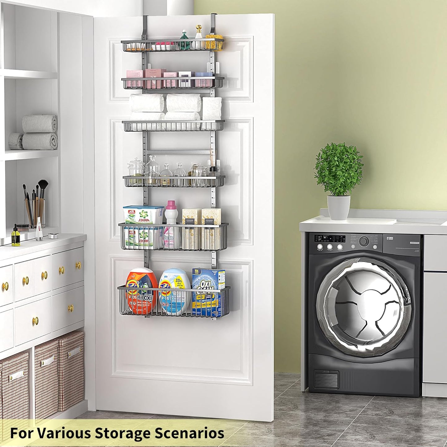 Moforoco 6-Tier Over The Door Pantry Organizer, Pantry Organization and Storage, Black Hanging Basket Wall Spice Rack Seasoning Shelves, Home & Kitchen Laundry Room Bathroom Essentials accessories