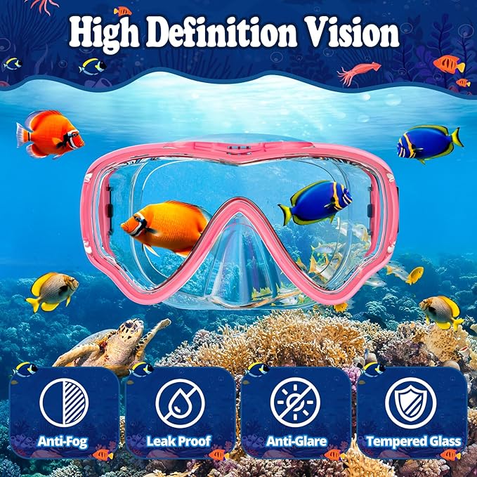 U PHITNIS Kids Snorkel Set for Age 4-14 - Dry Top Snorkeling Gear for Kids Junior & Youth - Childs Diving Mask with Big Eyes for Boys Girls - Anti-Fog Snorkeling Mask and Snorkel Set