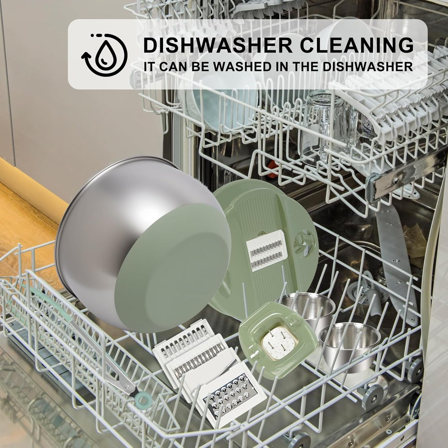 Stainless Steel Salad Spinner Large with 5 Blades Slicer, Lettuce Washer Spinner and Dryer, Vegetable Fruits Chopper Bowl, Egg Yolk Strainer Comes with Dipping Saucers and Clip, 5.3Qt