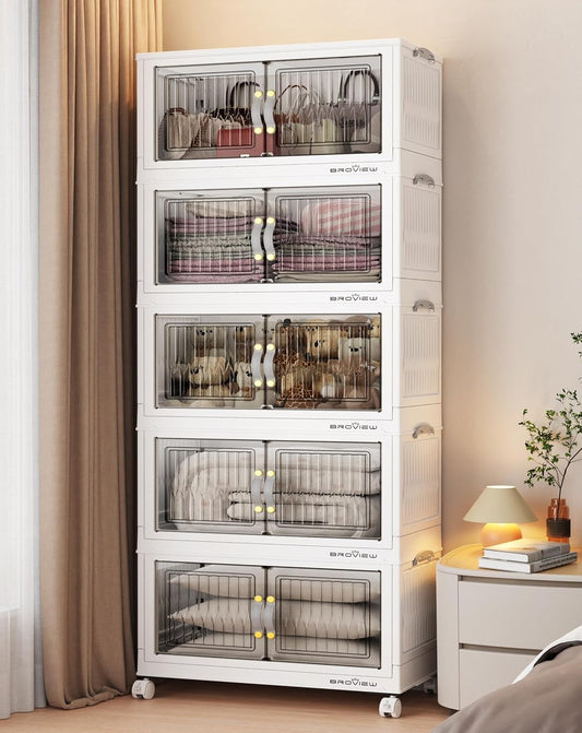 300Qt Stackable Storage Bins with Lid, Extra Large Closet Organizer Collapsible Drawer Boxes with Wheels, Folding Plastic Cabinet Containers for Home Kitchen Room Organization, 5Pack White