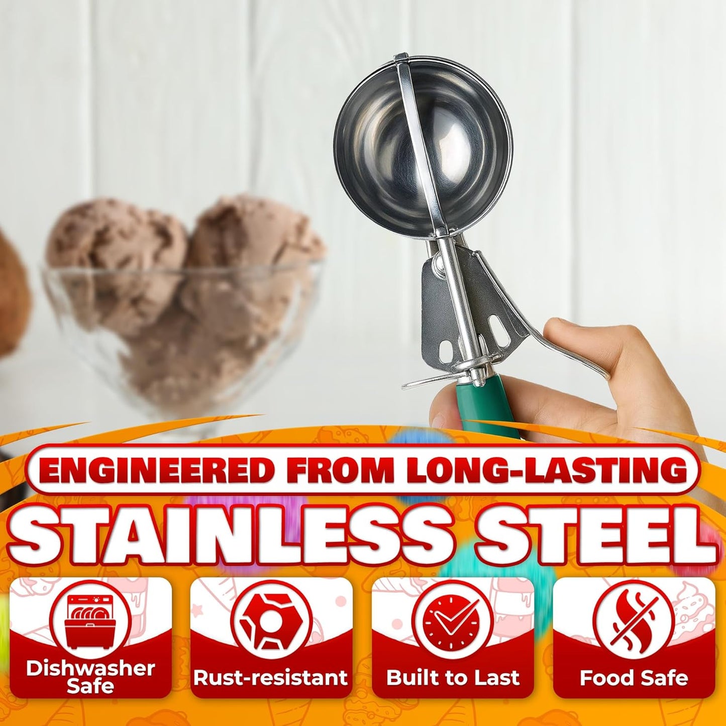 2.67Oz Ice Cream Scoop with Trigger #12 - Ice Cream Scooper for Portion Control, Gelato, Cookie Dough, Meatballs - Stainless Steel, Easy to Use & Clean, Rust & Stain Resistant, Ergonomic Non-Slip Grip