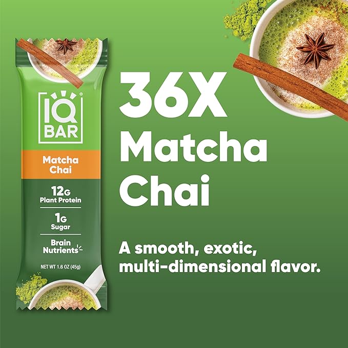 IQBAR Brain and Body Plant Protein Bars - Matcha Chai - 36-Count Low Carb - Gluten Free, High Fiber, Vegan Snacks - Low Sugar Meal Replacement