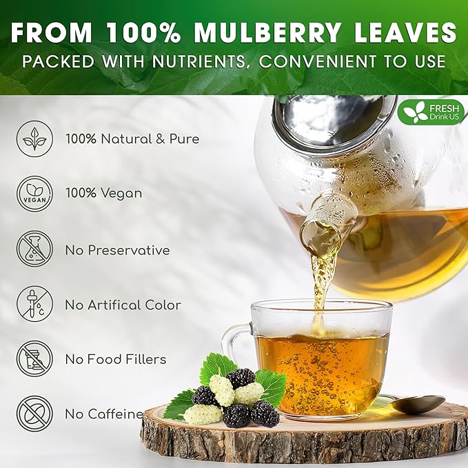 FreshDrinkUS Premium 120 Mulberry Leaf Tea Bags, 100% Natural & Pure. Loose Leaf Herbal Tea. Made with Natural Material Tea Bags. No Sugar, No Caffeine, No Gluten, Vegan