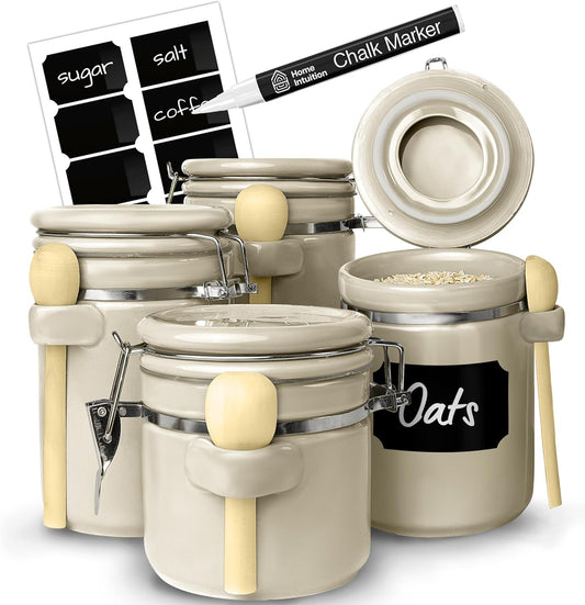Home Intuition 4-Piece Ceramic Kitchen Canisters Set, Airtight Containers with Wooden Spoons Reusable Chalk Labels and Marker for Sugar, Coffee, Flour, Tea (Off White)