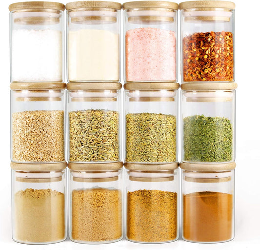 Glass Jars with Bamboo Lids (6oz in 12 Pack), Small Glass Food Jars and Canisters Sets, Glass Spice Jars with Airtight Lids, Glass Pantry Jars, Glass Jars for Spice and Hearbs.