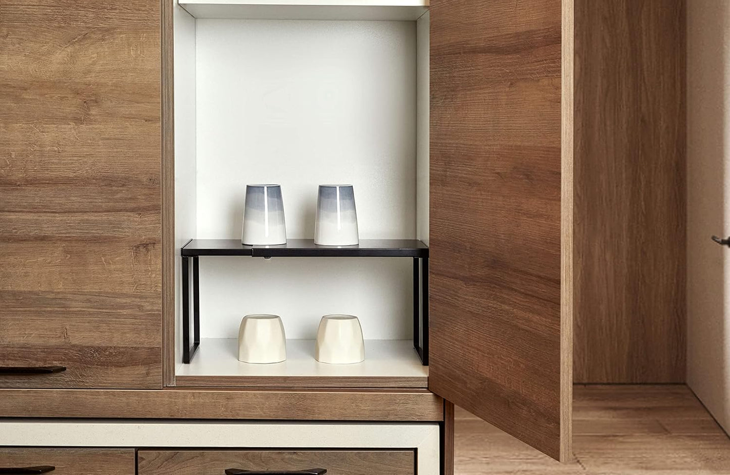 Nxconsu Cabinet Shelf Expandable Organizer Riser Rack for Kitchen Pantry Cupboard Under Sink Countertop Home Organization Extra Storage Space Saver Heavy Duty Metal Edgeless Design Black Large