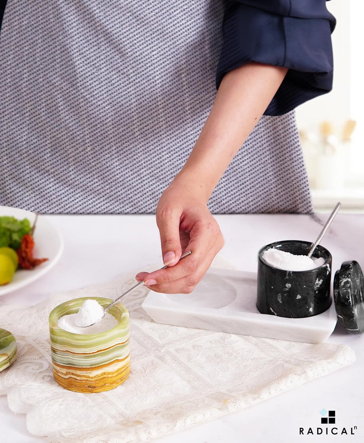 Radicaln Marble Salt Cellar With lid and Tray 3" Inch Black and Green Salt Container, Set of 2 for Kitchen countertop, Ideal Salt Bowl and Spice Storage Container