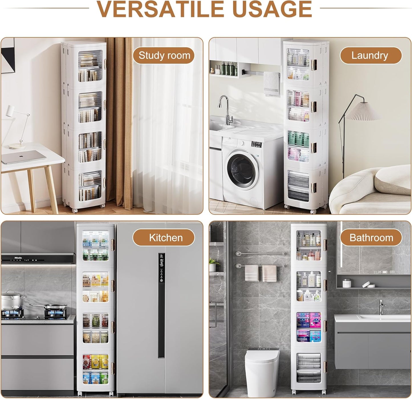 VECELO 4-Tier Plastic Tall Narrow Storage Cabinet with Movable Wheels, Adjustable Shelves, Magnetic Doors, Slim Bathroom Organizers and Storage for Small Space, Bathroom, Kitchen, Laundry, White