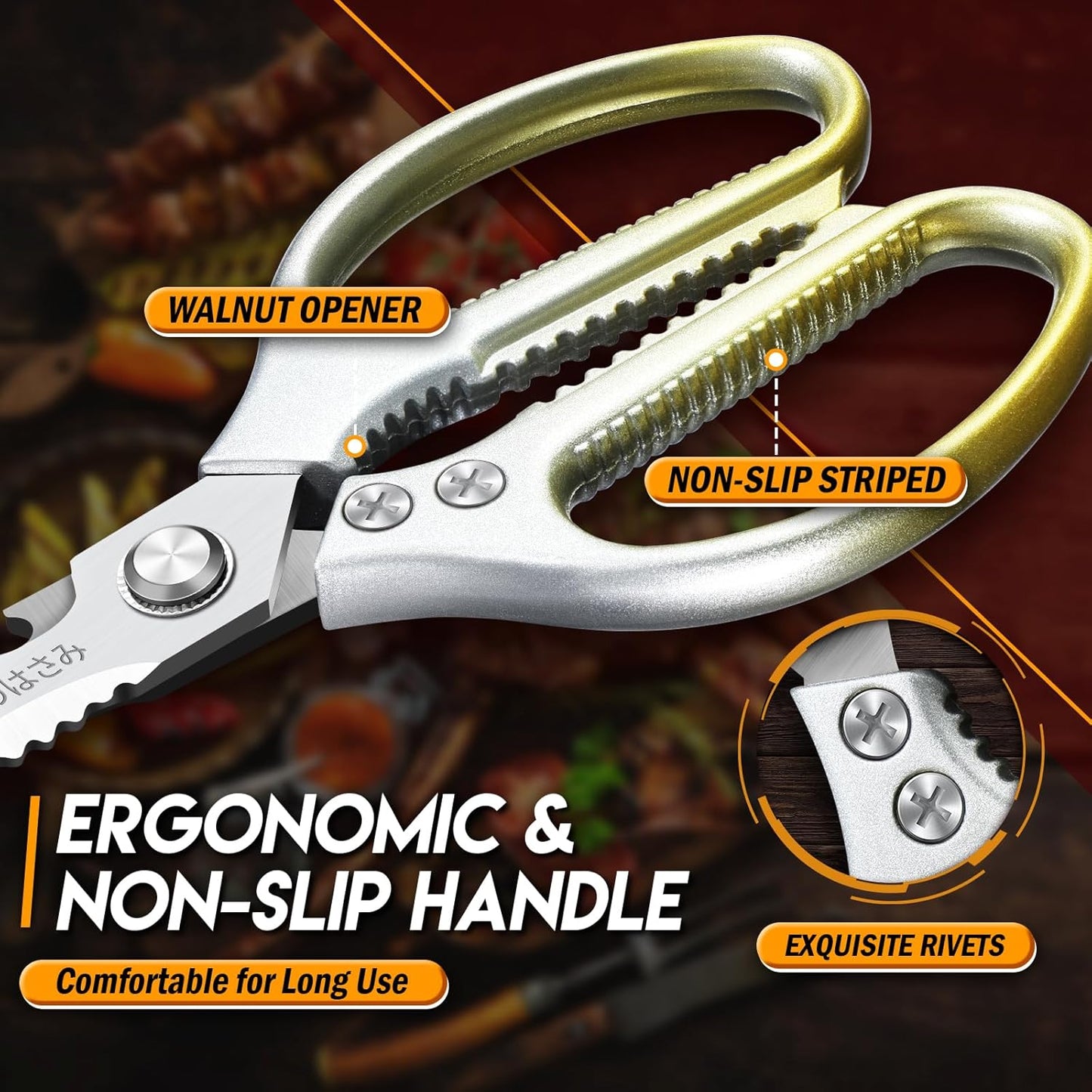 TIJERAS Kitchen Scissors Set Gold - Stainless Steel Kitchen Shear, Sharp Meat Scissors Dishwasher Safe, Heavy Duty Poultry Shears, Japanese Cooking Scissor for Food, Chicken Bones, and Turkey