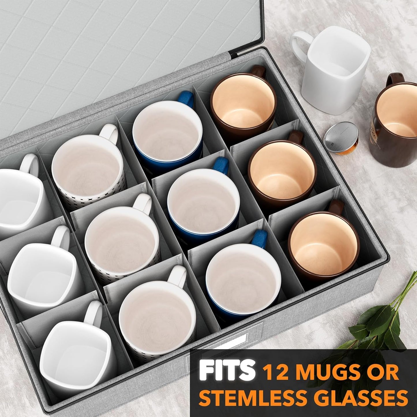 SpaceAid Cup and Mug Storage Organizer 2 Pack, China Storage Containers, Hard Shell Quilted Cases with Soft Plate Separators, Moving Supplies Packing Boxes for 24 Tea Cups or Coffee Mugs (Grey)