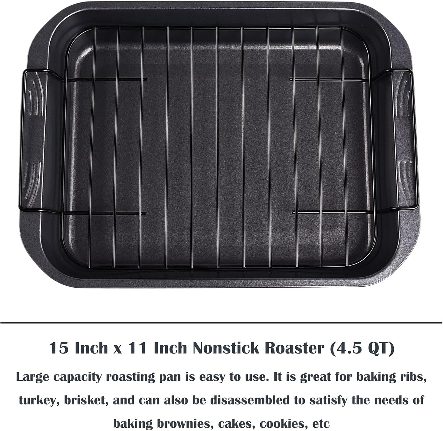 kitCom Bakeware Nonstick Roaster, Nonstick Roasting Pan with Rack, Great For Roast Chicken, Roasts And Turkeys - 15 Inch x 11 Inch (5.8 QT), Gray