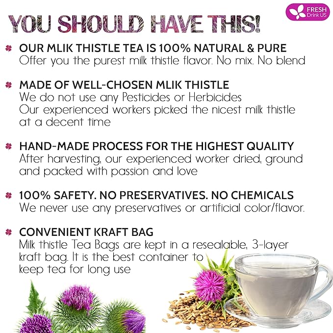 FreshDrinkUS, Premium 75 Milk Thistle Tea Bags, 100% Natural & Pure from Milk Thistle Seeds. Milk Thistle Seed Herbal Tea. Made with Natural Material Tea Bags. No Sugar, No Caffeine, No Gluten, Vegan.