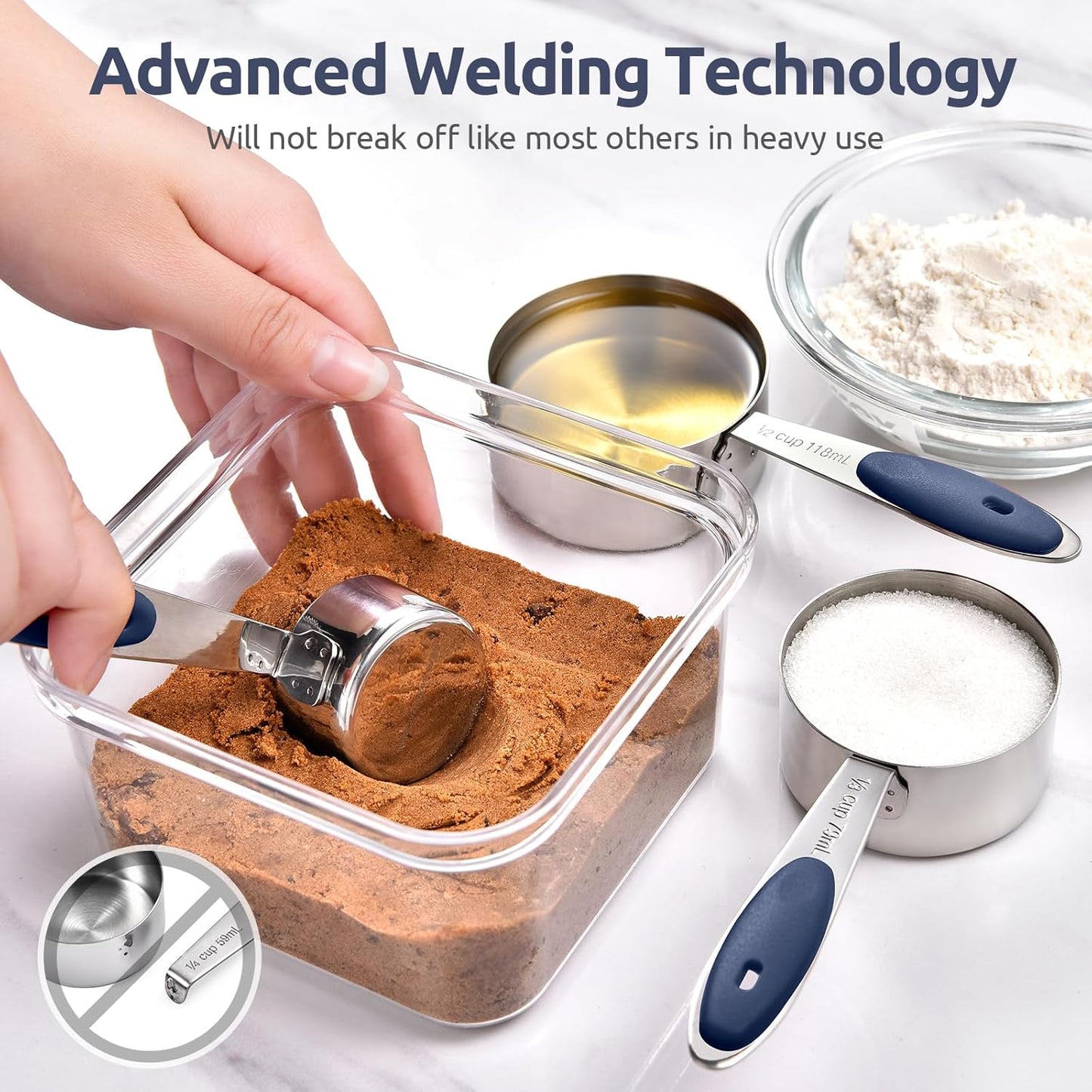 U-Taste Measuring Cups and Spoons: Food Grade 18/8 Stainless Steel Metal Measure Cups and Spoons Set of 10, Upgraded Thickness Handle (Midnight Blue)