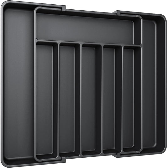 Aujen Silverware Organizer - Expandable Kitchen Drawer Organizer, Adjustable Utensil Organizer, Cutlery Tray for Forks, Knives, Multipurpose Kitchen Organizers and Storage Solution, Black, Large
