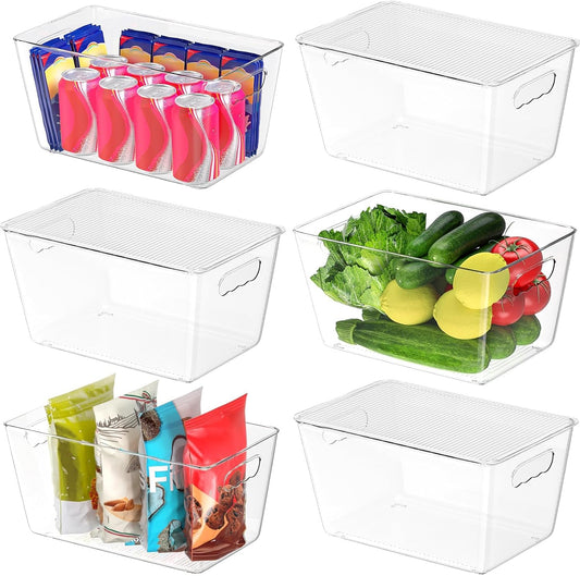 BALEINE Clear Stackable Storage Bins with Lids, Plastic Containers with Handle for Pantry Organizers and Storage, Plastic Bins for Fridge, Kitchen, Bathroom, Cabinet (13x7.4x7, 6PK)