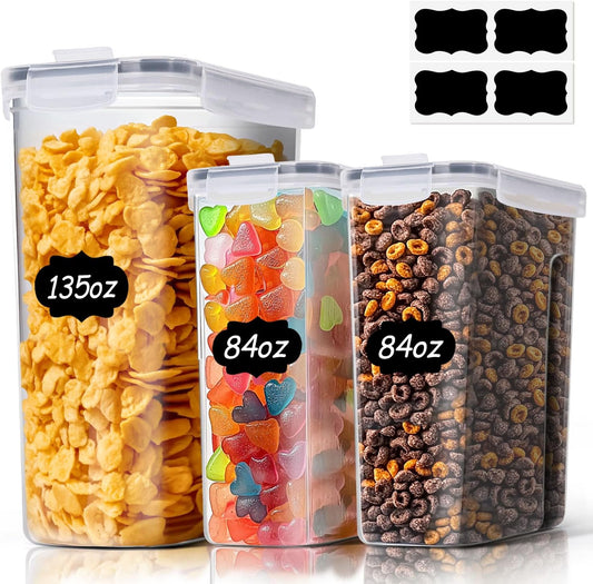 3 PCS Cereal Storage Containers Set, Airtight Food Containers with lid for Rice Pet food, Medium & Small Cereal Dispenser for Kitchen Pantry Organization (135.2oz/4L + 84.5oz/2.5L×2)