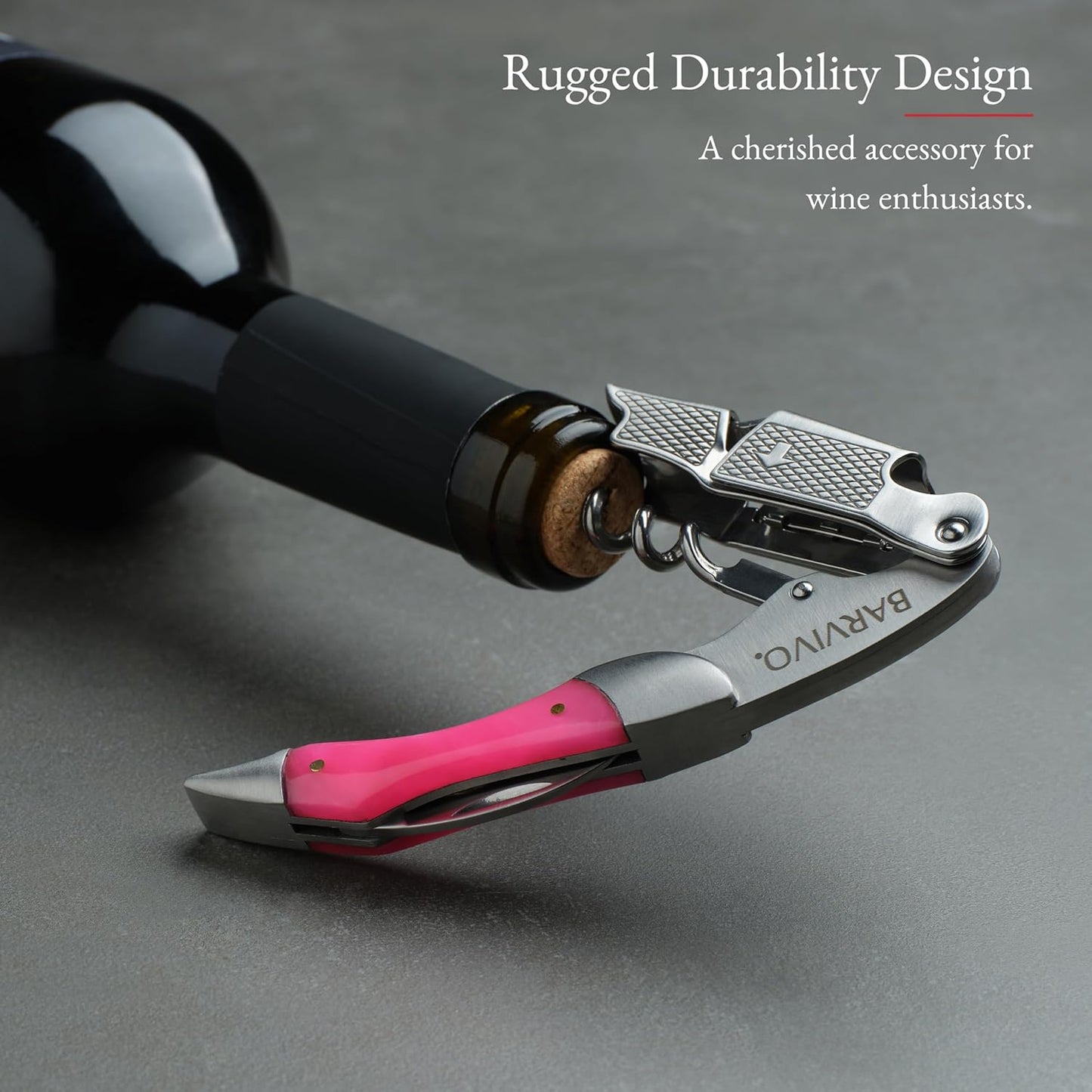 Barvivo Wine Opener with Foil Cutter and Cap Remover - Double Hinged Corkscrew for Bartenders - Stainless Steel Wine Key for Easy Bottle Opening - Manual Wine Bottle Opener - Pink Resin, 4.7x1.2-Inch