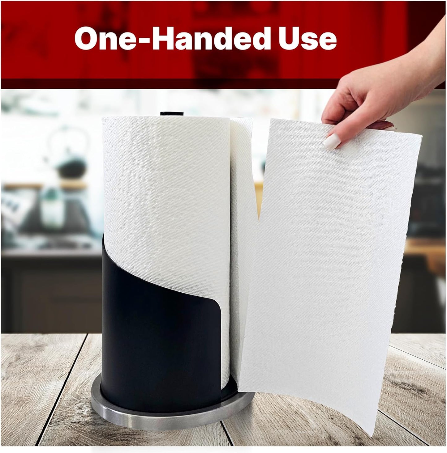 Stainless Steel Paper Towel Holder Countertop, Modern Spiral Cover Design,Keep Paper Towel Clean,Weighted Base for Stability, Freestanding Easy One-Handed Operation for Kitchen Bathroom (Black)