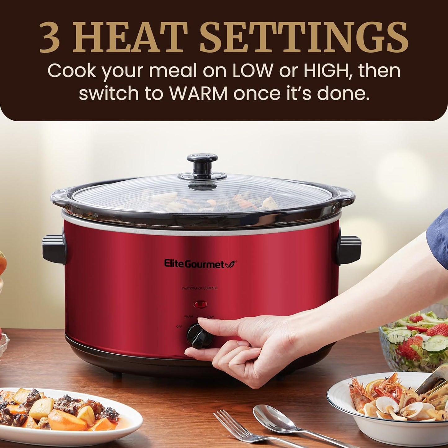 Elite Gourmet MST-900RXT# Electric Ceramic XL Jumbo Slow Cooker, Adjustable Temp, Entrees, Sauces, Stews & Dips, Dishwasher Safe Glass Lid & Crock, 8.5Qt, MetallicRed