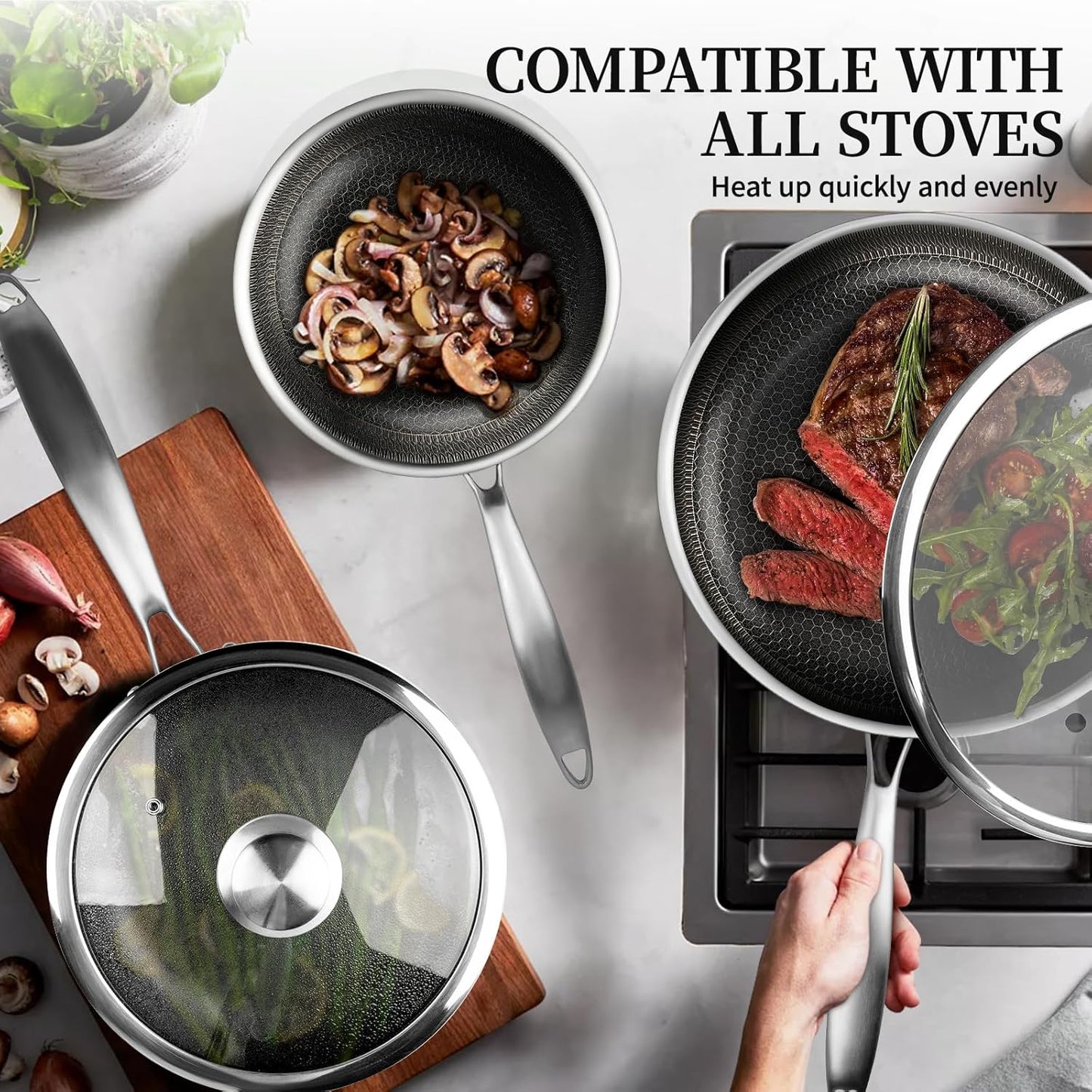 6-Piece Stainless Steel Frying Pan Set with Lids, Honeycomb Nonstick, Induction Compatible, PFOA Free