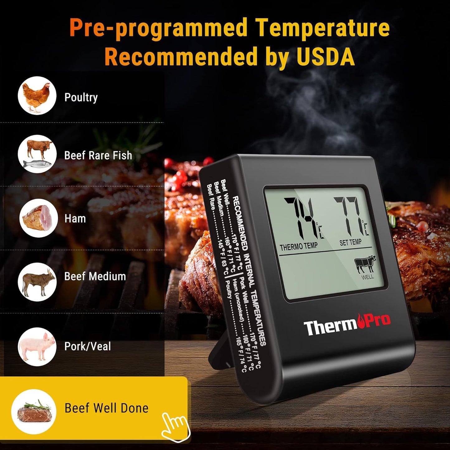 ThermoPro TP16 Large LCD Digital Meat Thermometer for Cooking, Smoking, Grilling, BBQ Food Temperature Indicator with Clock Timer and Stainless Steel Probe, Black