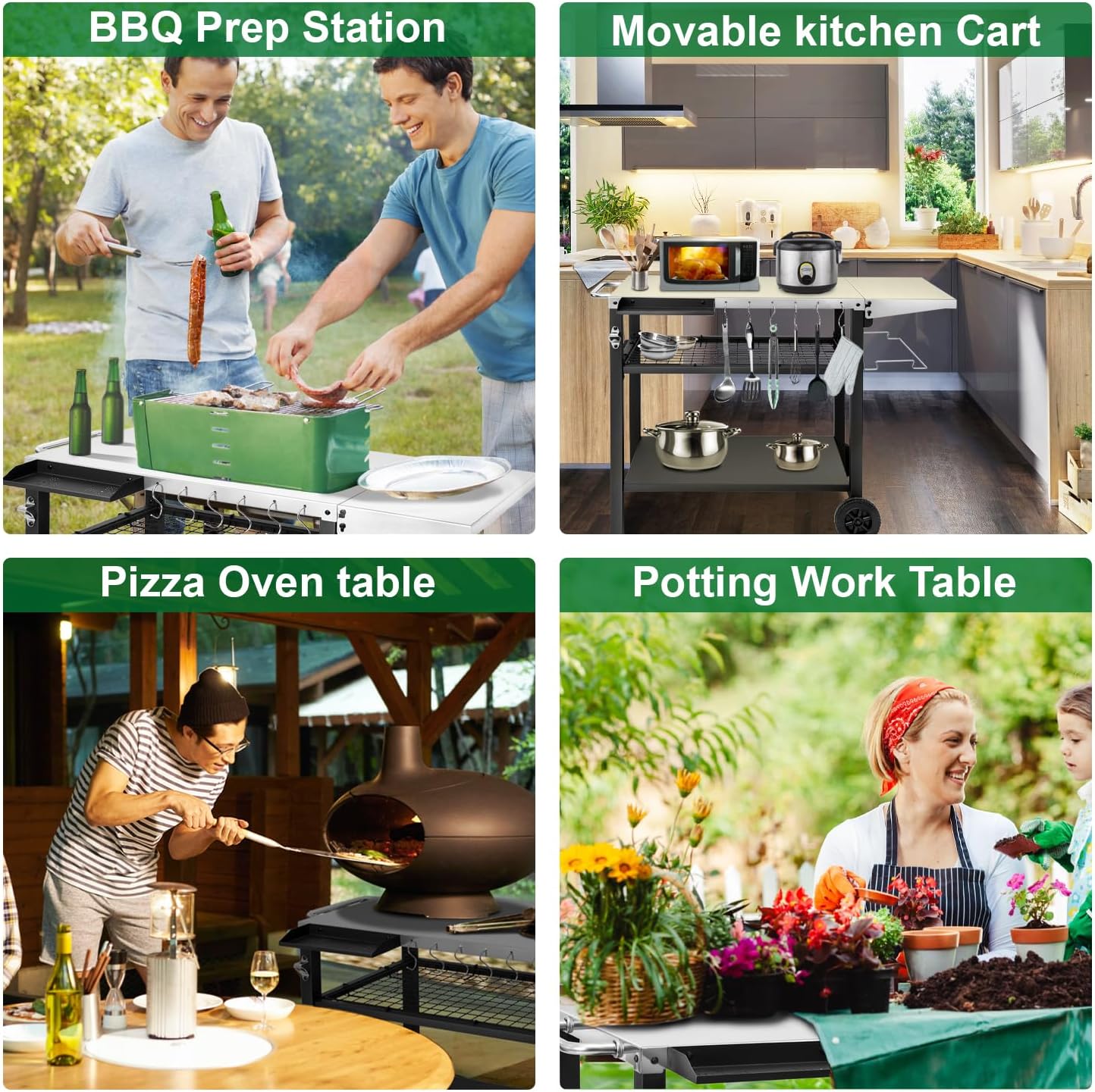 EDOSTORY Outdoor Grill Cart Pizza Oven Stand, Three-Shelf Stainless Steel Food Prep Table Patio BBQ Grill Table Bar Cart Kitchen Island with Wheels