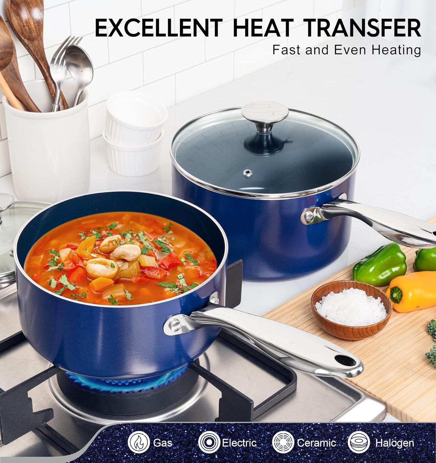 MICHELANGELO Saucepan Set, 1Qt & 2Qt Ceramic Sauce Pan with Lid, Nonstick Saucepans with Lids, Small Pot with Stainless Steel Handle, Oven Safe, Blue