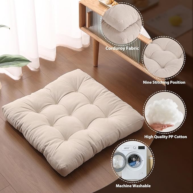 Tiita Square Outdoor Cushions Floor Pillow Thicken Tufted Seat Cushion for Adult Seating on Floor Yoga Meditation Living Room Balcony Office Indoor (Beige, 22 Inch (Pack of 1))