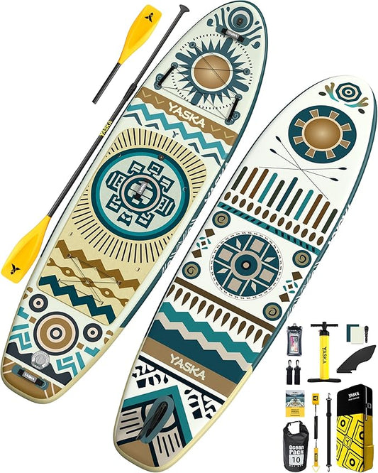 YASKA Inflatable Stand Up Paddle Board - 11ft Extra Wide Paddleboard with Premium SUP Board Accessories,Camera Mount,Non-Slip EVA Deck,5 Handles,Youth/Adult