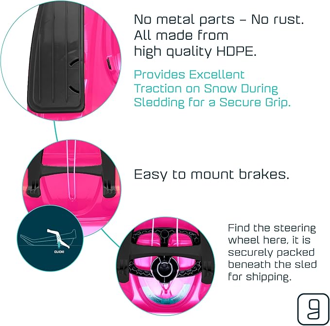 Snow Sled for Kids, Adults - Toboggan Sled, Easy Turning Steering Wheel, Anti-Slip Seat, Pull Up Brake, Durable Plastic Sled, Lightweight, Snow Sleds, Age 3+ 260 lbs