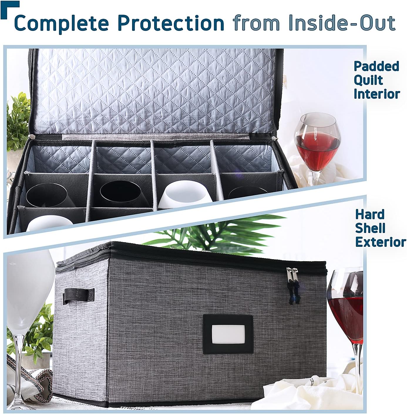 Wine Glass Storage Box with Dividers, 2 Pack Stackable Stemware Storage Cases, Service of 24 Glassware Storage Containers, Quilted China Storage Containers for Moving and Seasonal Storage, Grey