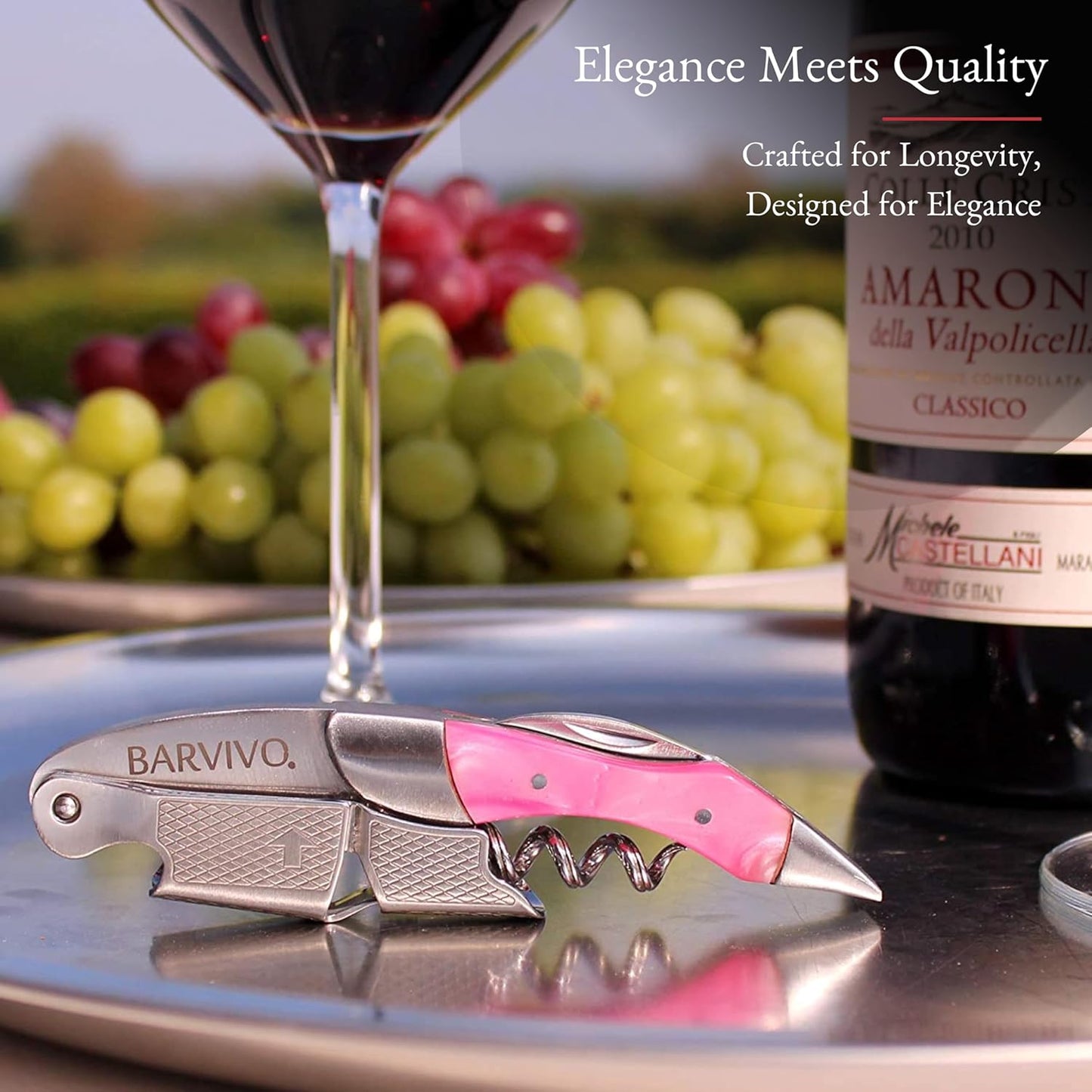 Barvivo Wine Opener with Foil Cutter and Cap Remover - Double Hinged Corkscrew for Bartenders - Stainless Steel Wine Key for Easy Bottle Opening - Manual Wine Bottle Opener - Pink Resin, 4.7x1.2-Inch