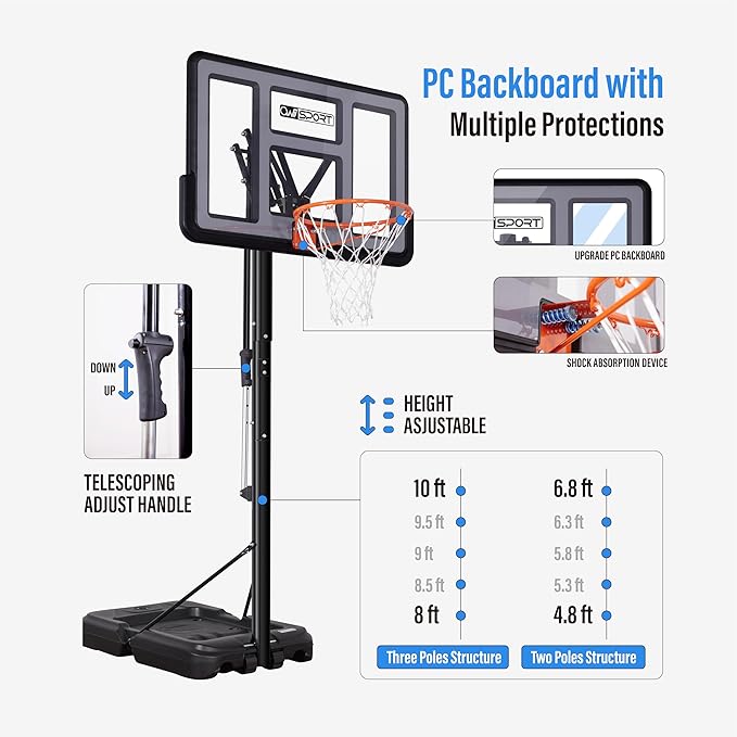 Portable Basketball Hoop Outdoor, 4.8-10FT Height Adjustable Basketball Hoop Goal System with 44-48 Inch Impact Backboard and Portable Wheels for Adults