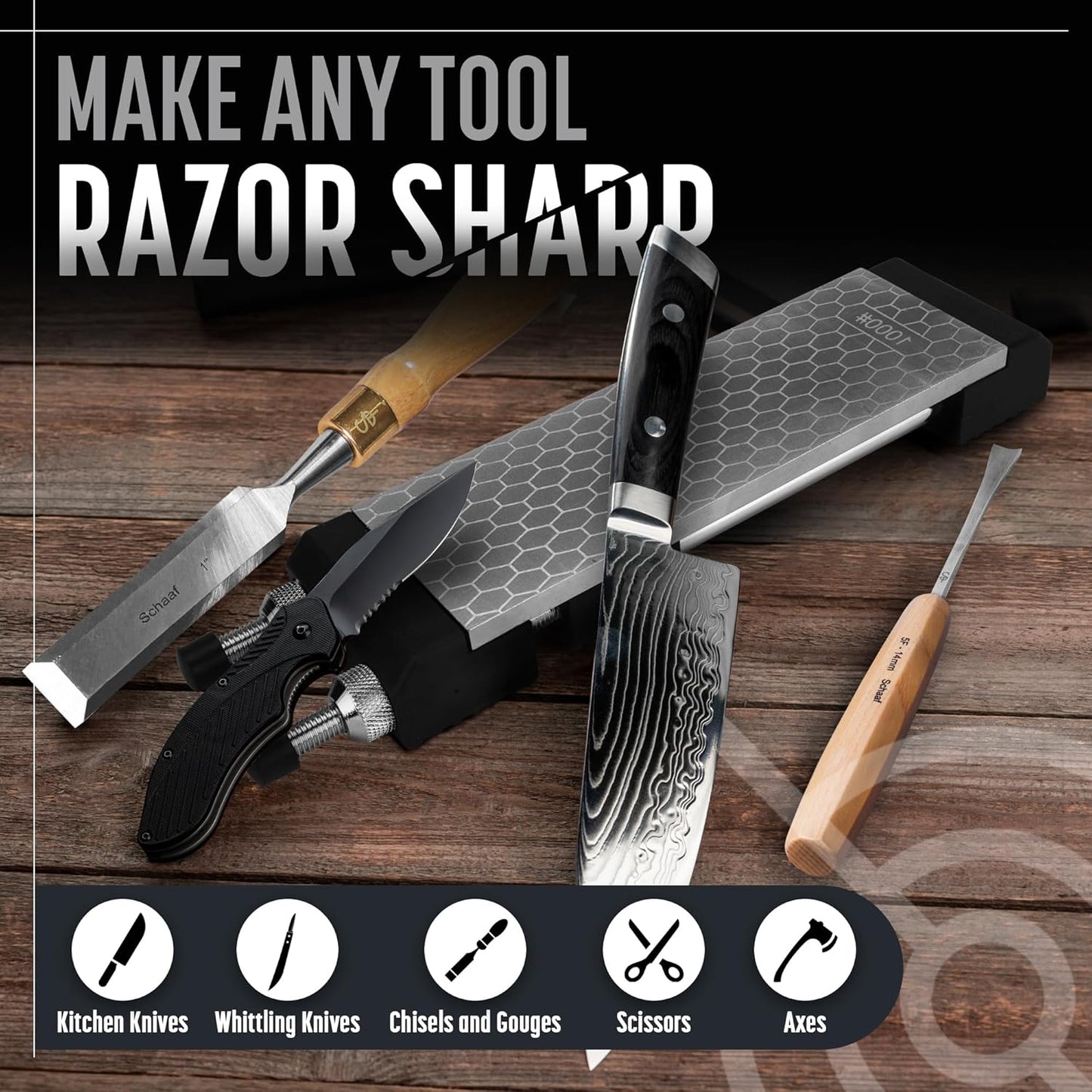 Heavy Duty Diamond Sharpening Stone Set with Adjustable Base, 2-Sided Fine/Coarse Grit Diamond Sharpening Plate, Fast & Efficient Diamond Knife Sharpener for Knives and Chisels from Schaaf Tools